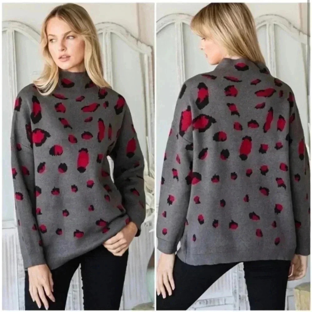 BNWT Charcoal and red Leopard mock turtleneck sweater